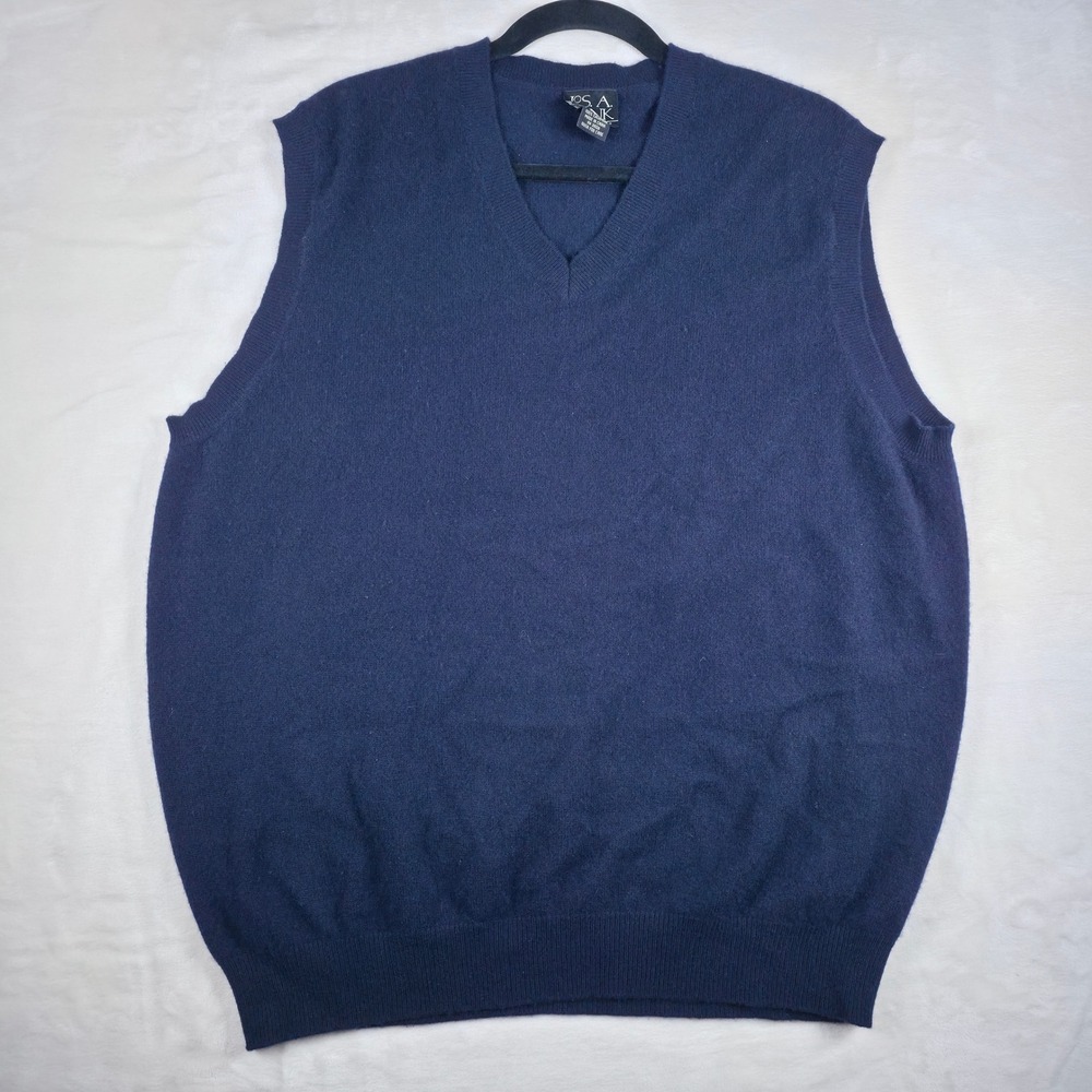 Jos A Bank Sweater Vest Mens XL Navy Blue 100% Cashmere V-Neck Ribbed Hem